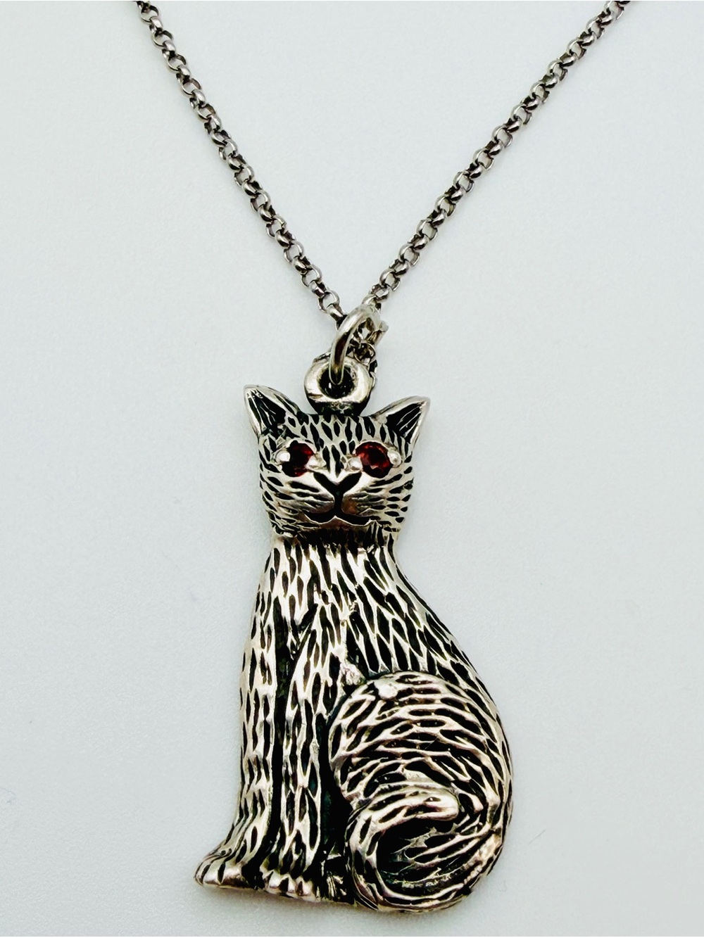 Textured Sterling Silver Cat Pendant Necklace Red Crystal Eyes Adjustable 16-18”